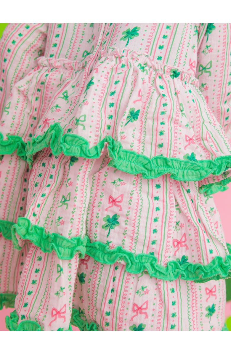 RuffleButts Cotton Gauze Tiered Ruffle Dress, Alternate, color, Clover Bows & Wishes