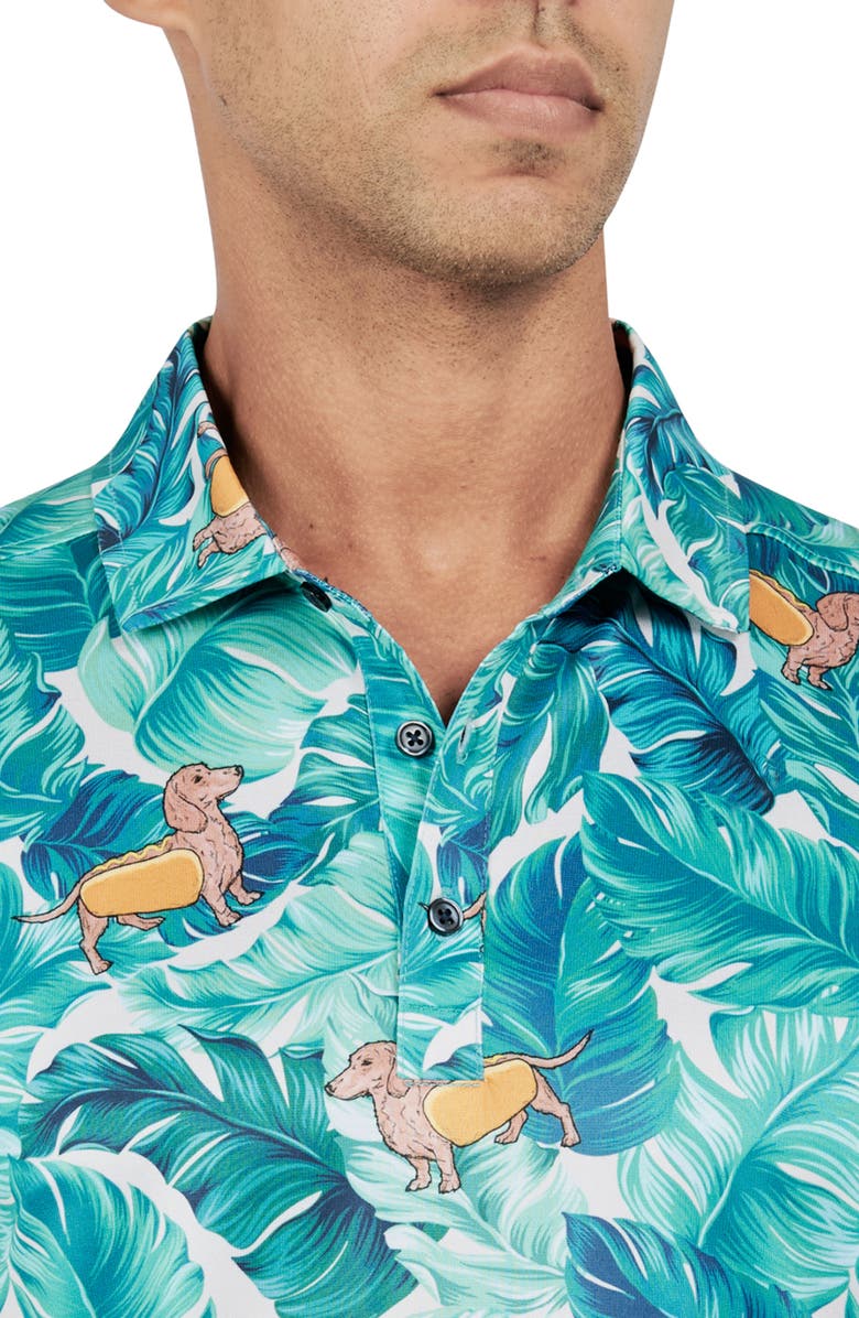 CONSTRUCT Regular Fit Hotdog Dog Print Recycled Performance Golf Polo, Alternate, color, Green