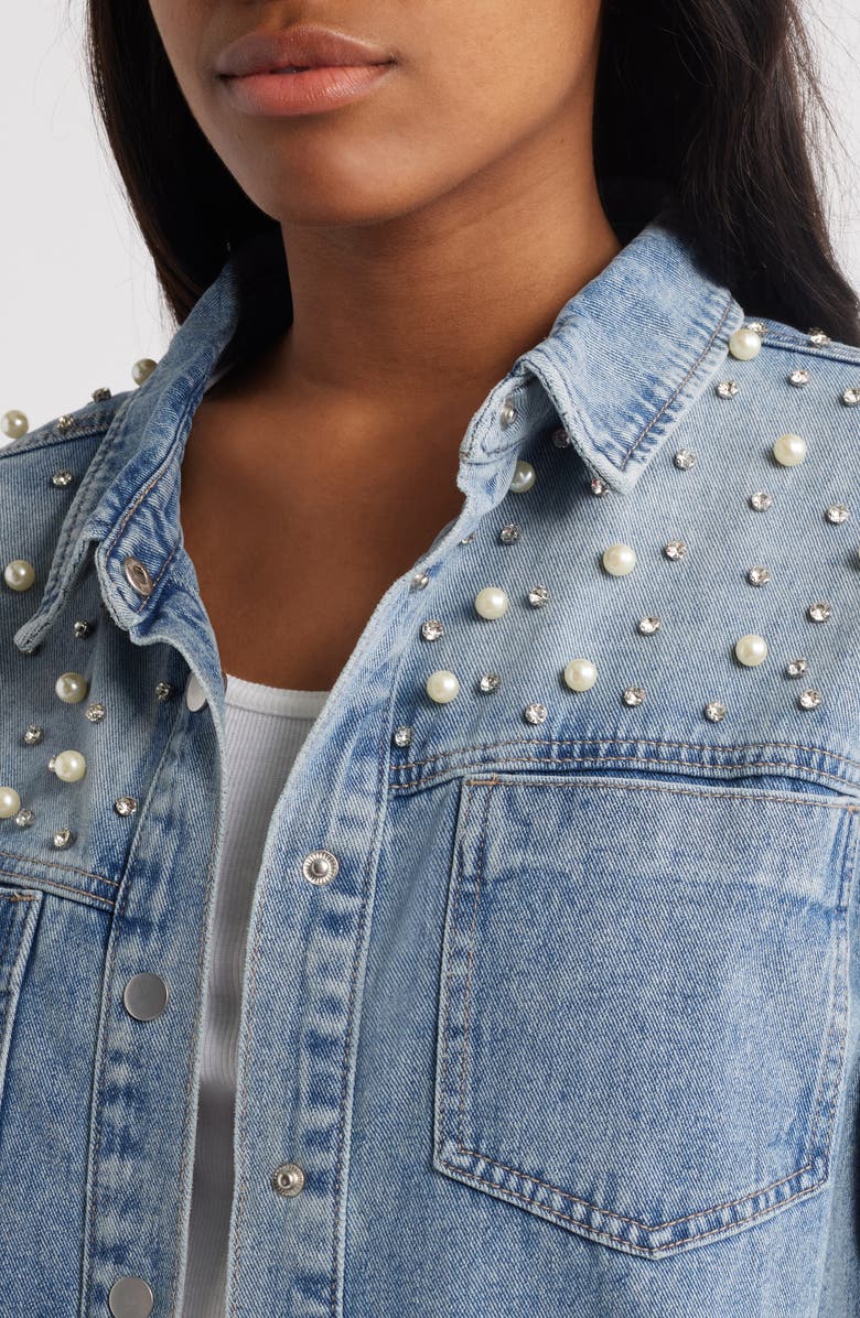 PTCL Delilah Imitation Pearl & Rhinestone Denim Jacket, Alternate, color, Light Wash
