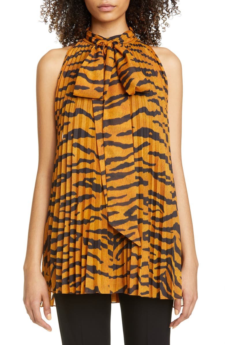 Adam Lippes Pleated Tiger Print Voile Halter Blouse, Main, color,