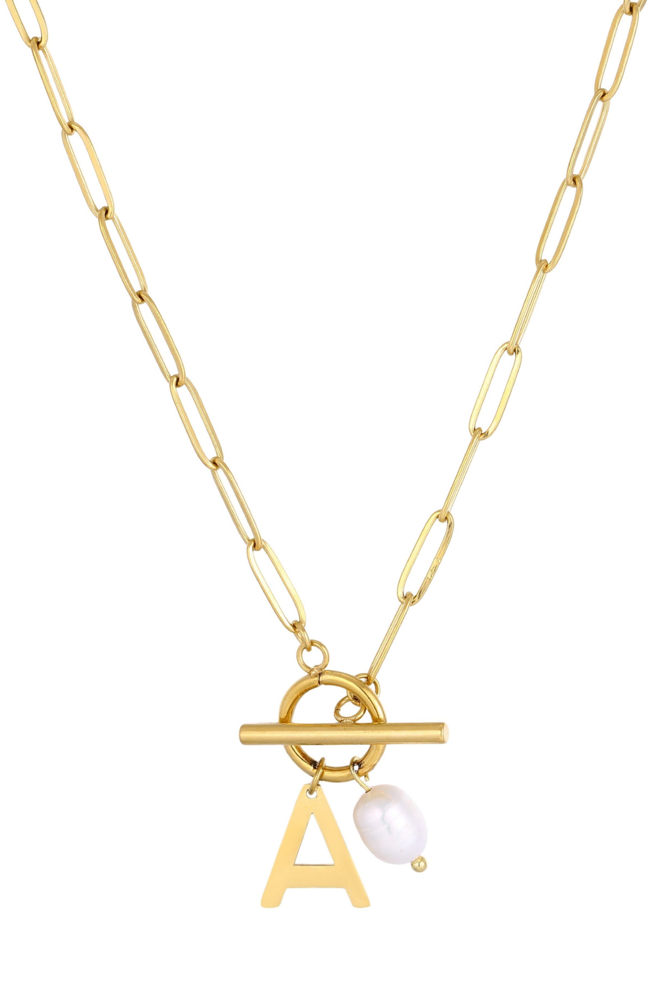 Adornia 18K Gold Plated Pearl & Initial Toggle Pendant Necklace
