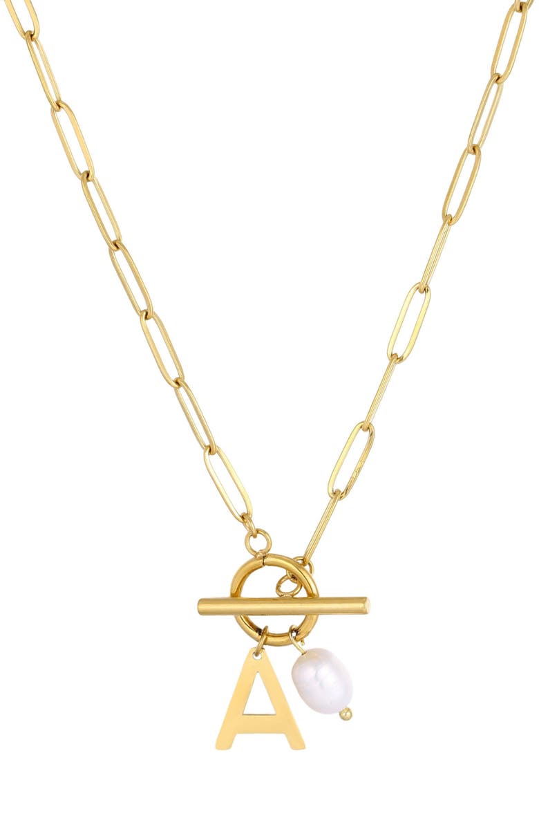 Adornia 18K Gold Plated Pearl & Initial Toggle Pendant Necklace, Main, color, White/ Gold-A