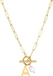 Adornia 18K Gold Plated Pearl & Initial Toggle Pendant Necklace