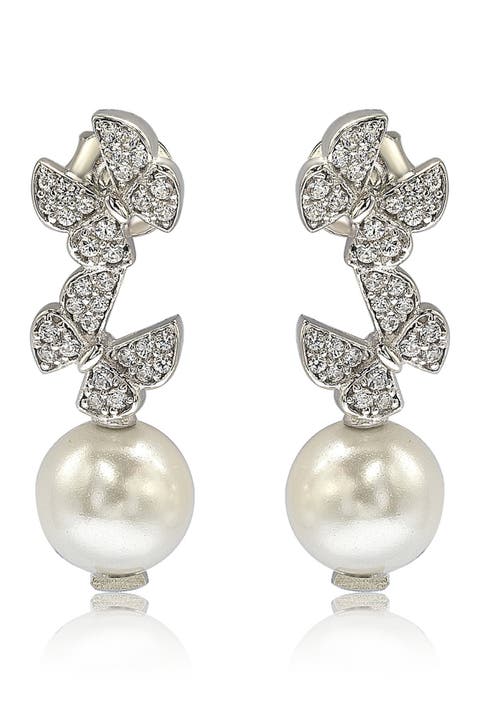 Pavé Cultured Freshwater Pearl Butterfly Shape Drop Earrings