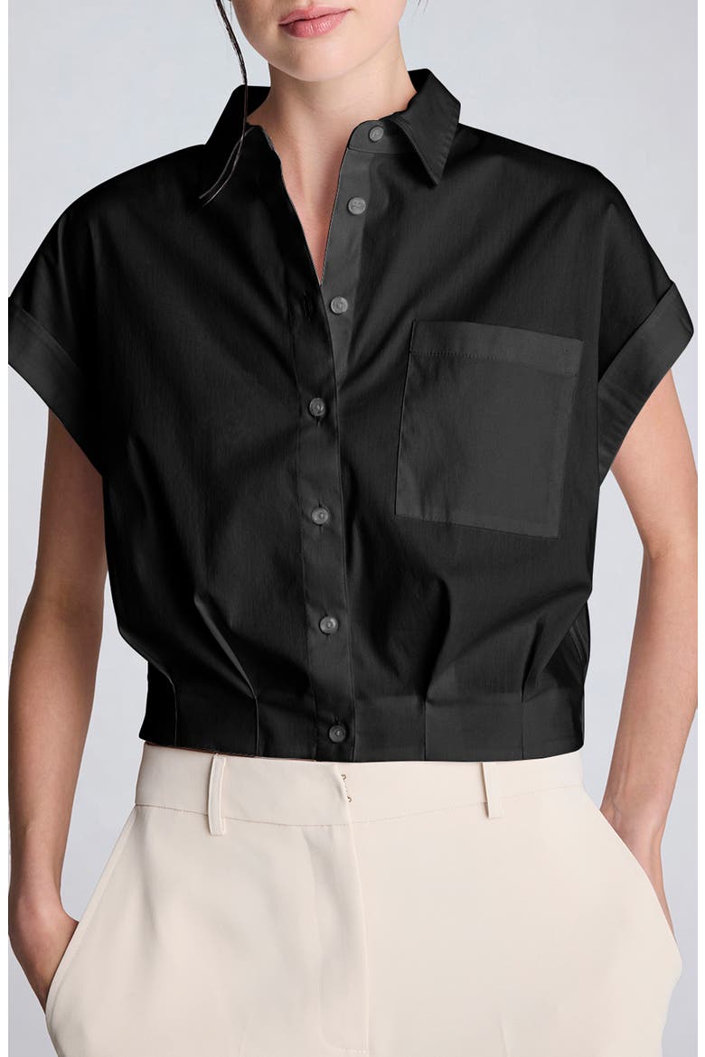 Cap Sleeve Crop Button-Up Shirt, Main, color, BLACK