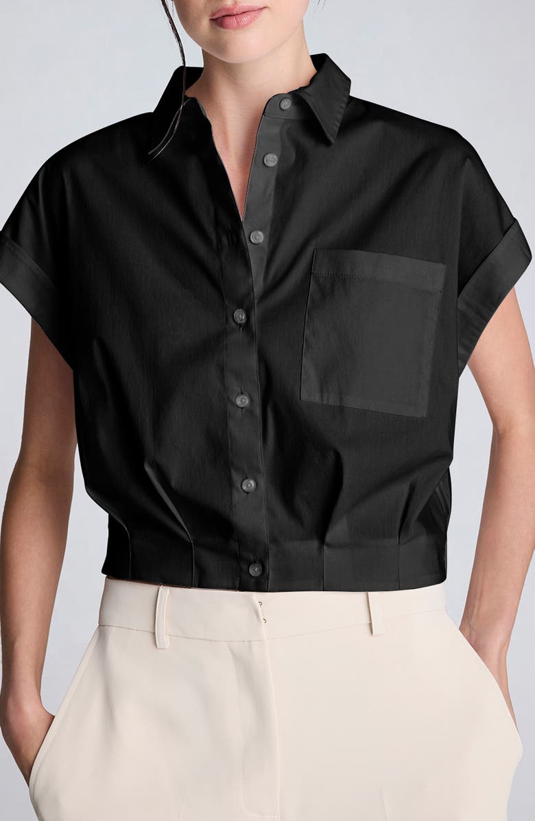 Kenneth Cole Cap Sleeve Crop Button-Up Shirt, Main, color, Black
