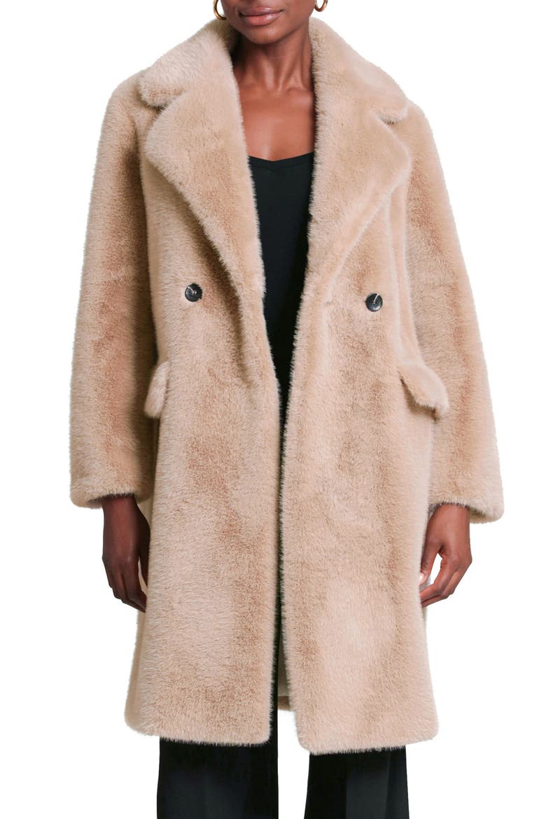 Relaxed Fit Longline Double Breasted Faux Mink Coat, Main, color, TAN