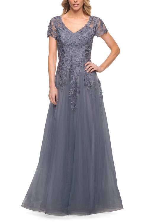La Femme Lace And Tulle A-line Evening Gown With Cap Sleeve In Slate