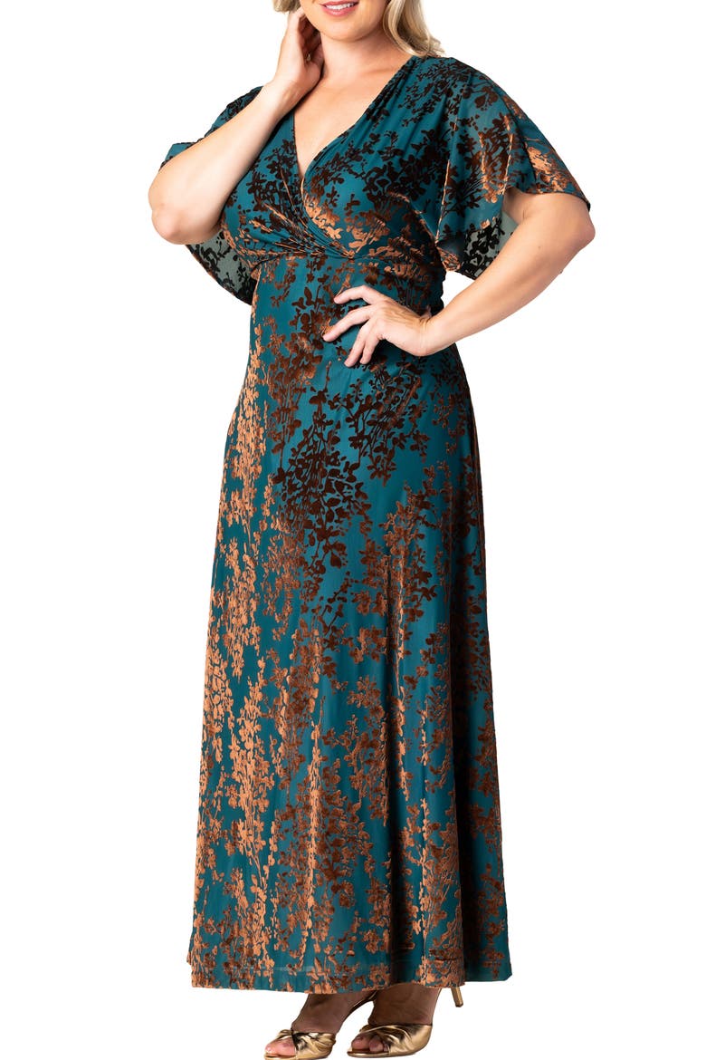 Twilight Velvet Burnout Evening Gown, Alternate, color, TEAL BURNISHED BRANCHES