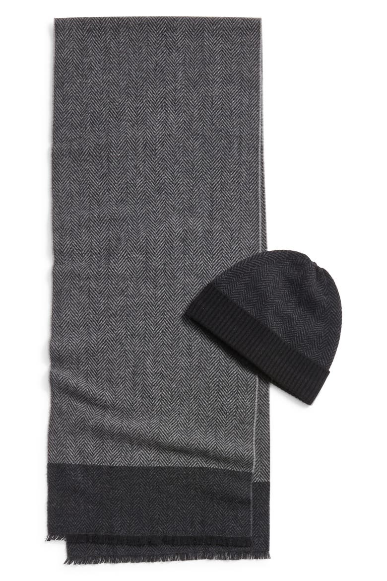 Wool & Cashmere Beanie & Scarf Set, Main, color, BLACK