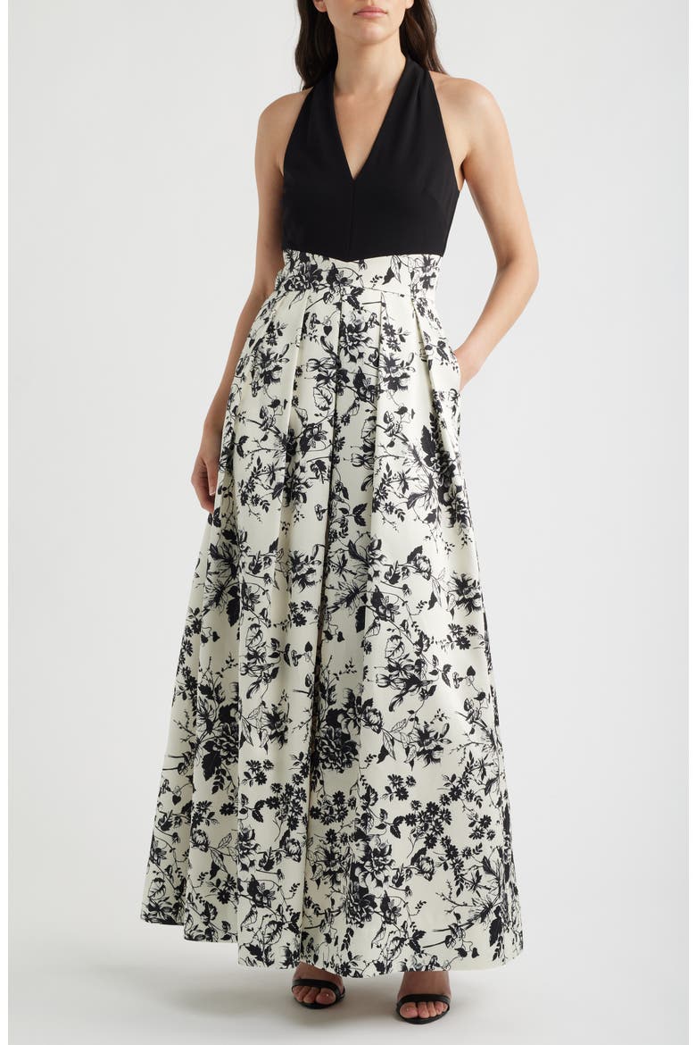 Print Pleated Sleeveless Gown, Main, color, BLACK MULTI