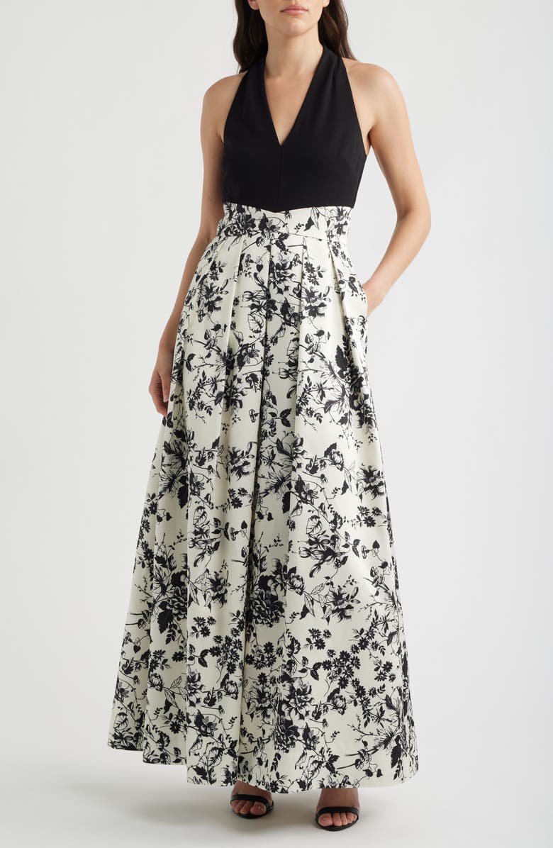 Julia Jordan Print Pleated Sleeveless Gown, Main, color, Black Multi