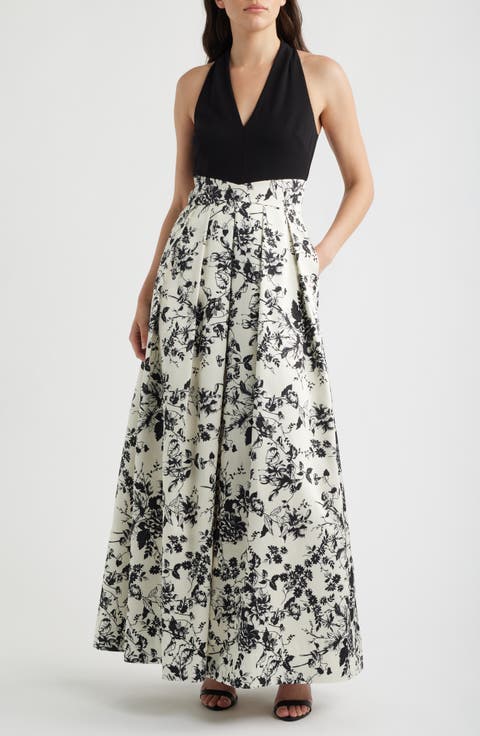Print Pleated Sleeveless Gown