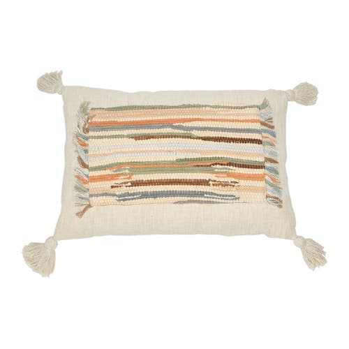 Storied Home Woven Cotton Slub Lumbar Pillow With Applique, Fringe And Tassels In White