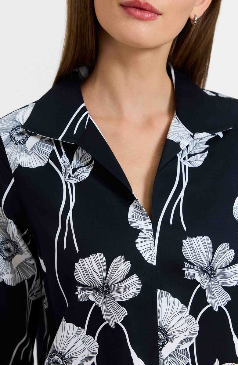 Foxcroft Agnes Poppy Print Three-Quarter Sleeve Popover Top, Alternate, color, Black/ White