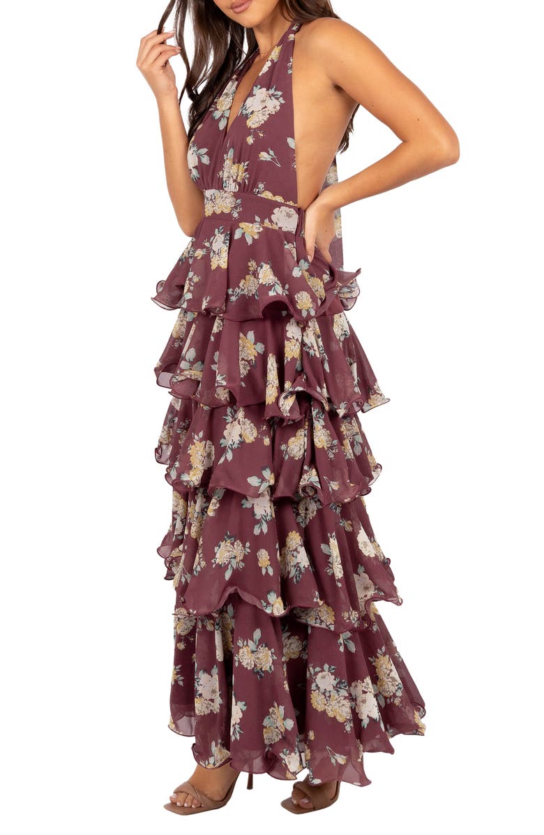 Petal & Pup Kendall Tiered Halter Neck Maxi Dress, Alternate, color, Dark Wine