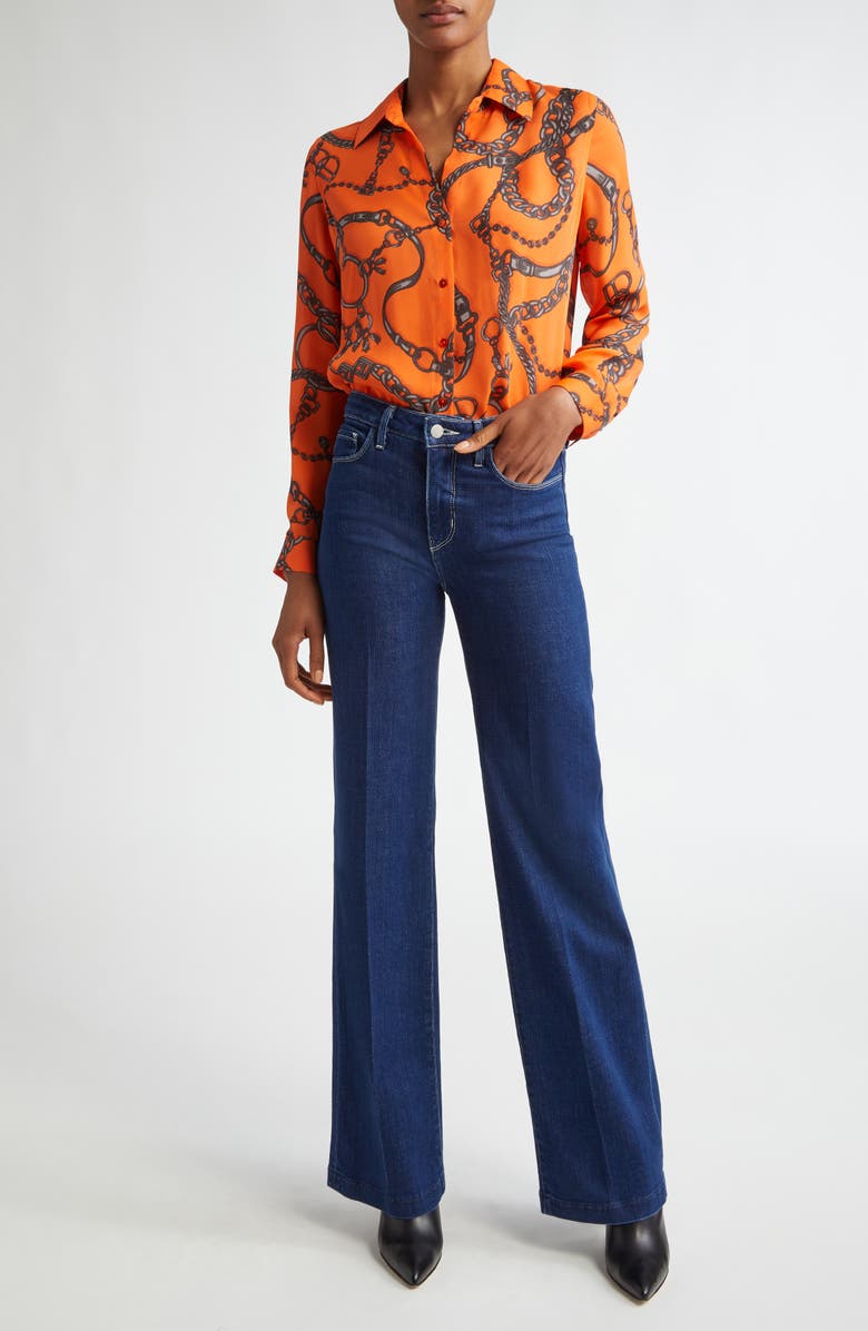 L'AGENCE Nina Chain Print Button-Up Silk Shirt, Alternate, color, 