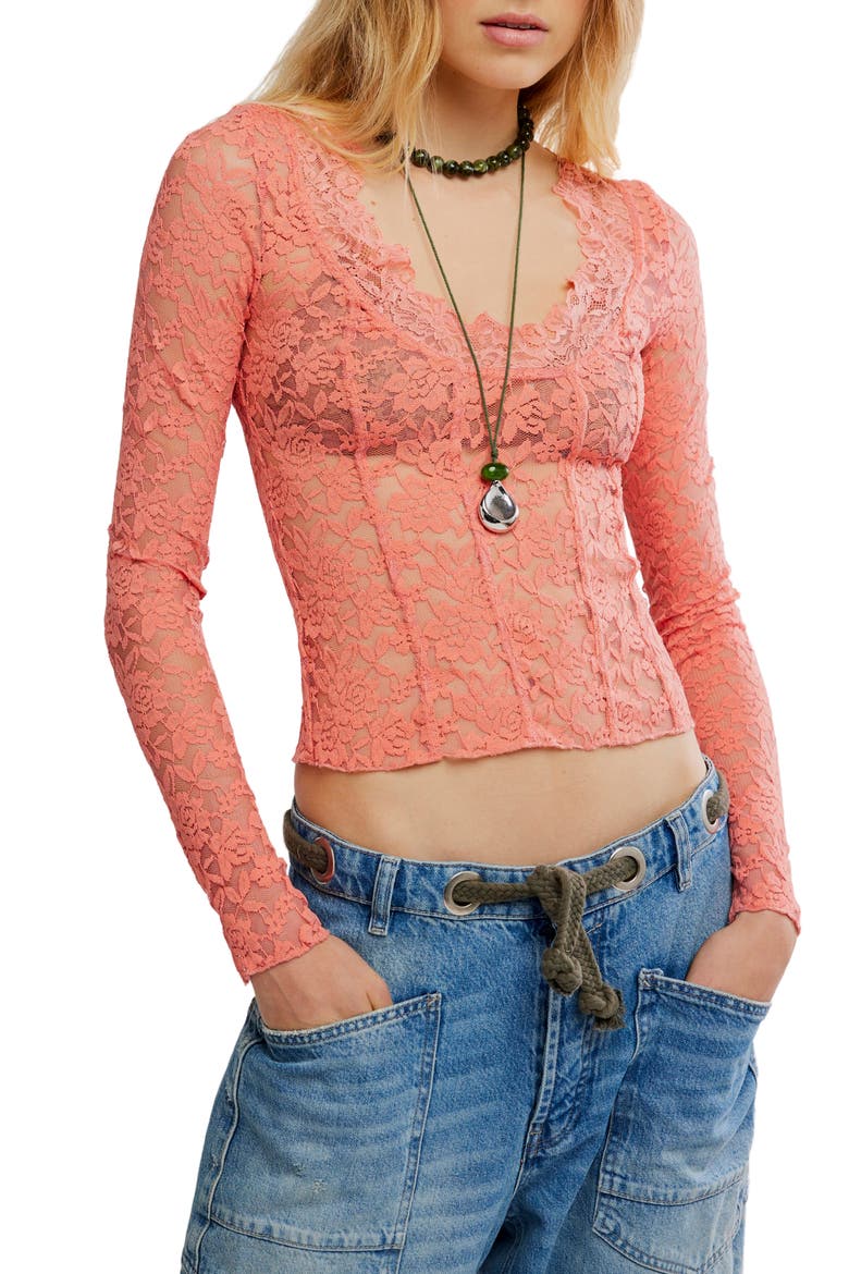 All Night Long Lace Top, Main, color, CORAL CRIMSON