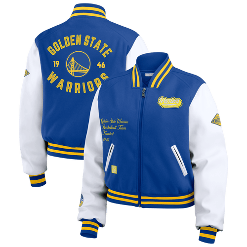 WEAR BY ERIN ANDREWS WEAR BY ERIN ANDREWS ROYAL/WHITE GOLDEN STATE WARRIORS CROPPED VARSITY FULL-ZIP JACKET