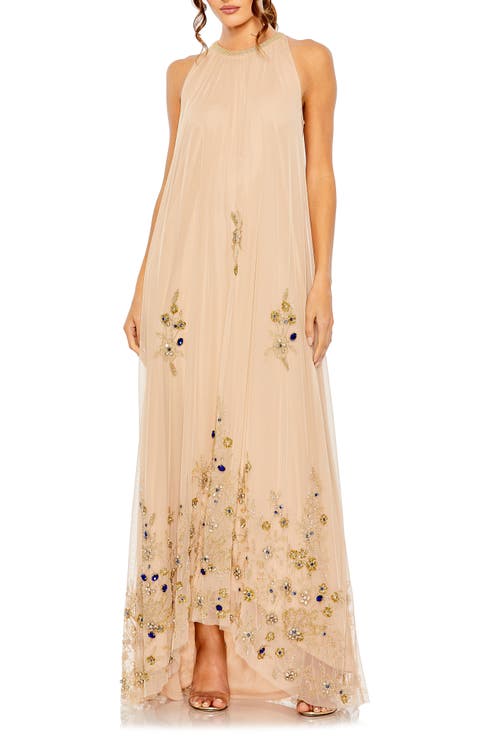 High Neck Floral Embellished Trapeze Gown