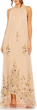 Mac Duggal High Neck Floral Embellished Trapeze Gown