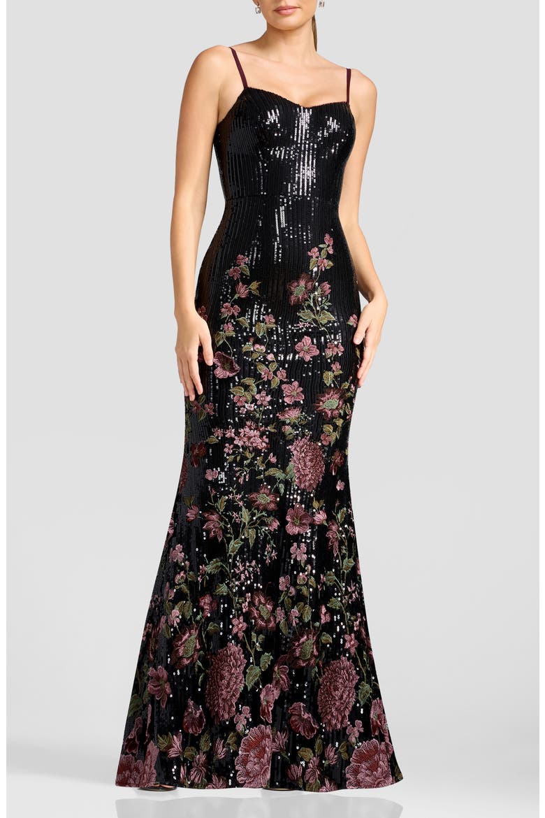 Giovanna Floral Embroidery Sequin Mermaid Gown, Main, color, BLACK MULTI