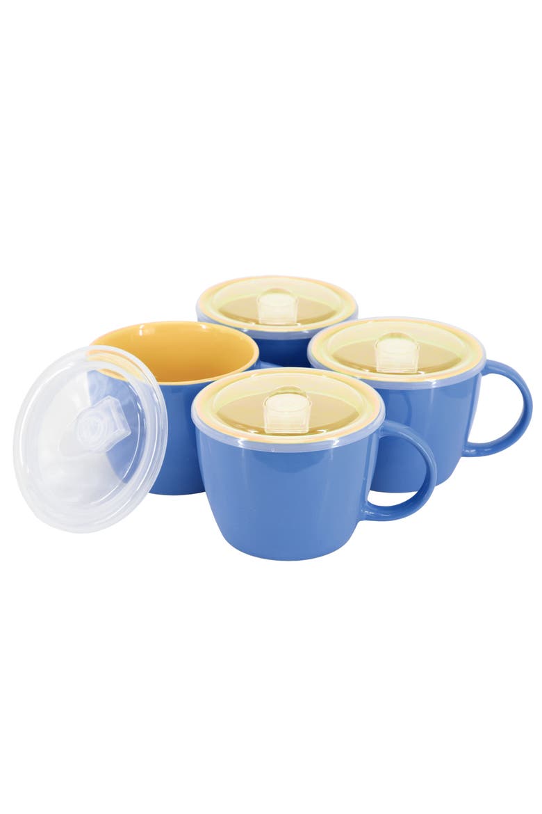 On The Go 4 Piece 25 Ounce Stoneware Soup Cup Set with Lid, Main, color, Blue