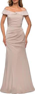 La Femme Off the Shoulder Satin Evening Gown with Ruching