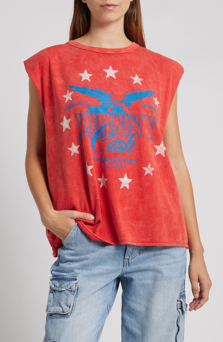 Daydreamer Johnny Cash Cotton Graphic Muscle Tank, Main, color, Red Acid Wash