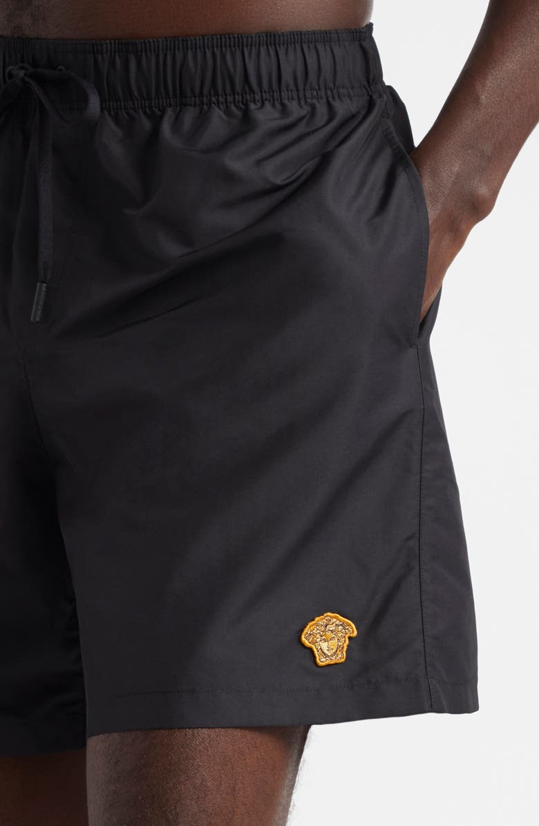 Versace Embroidered Medusa Swim Trunks, Alternate, color, Black