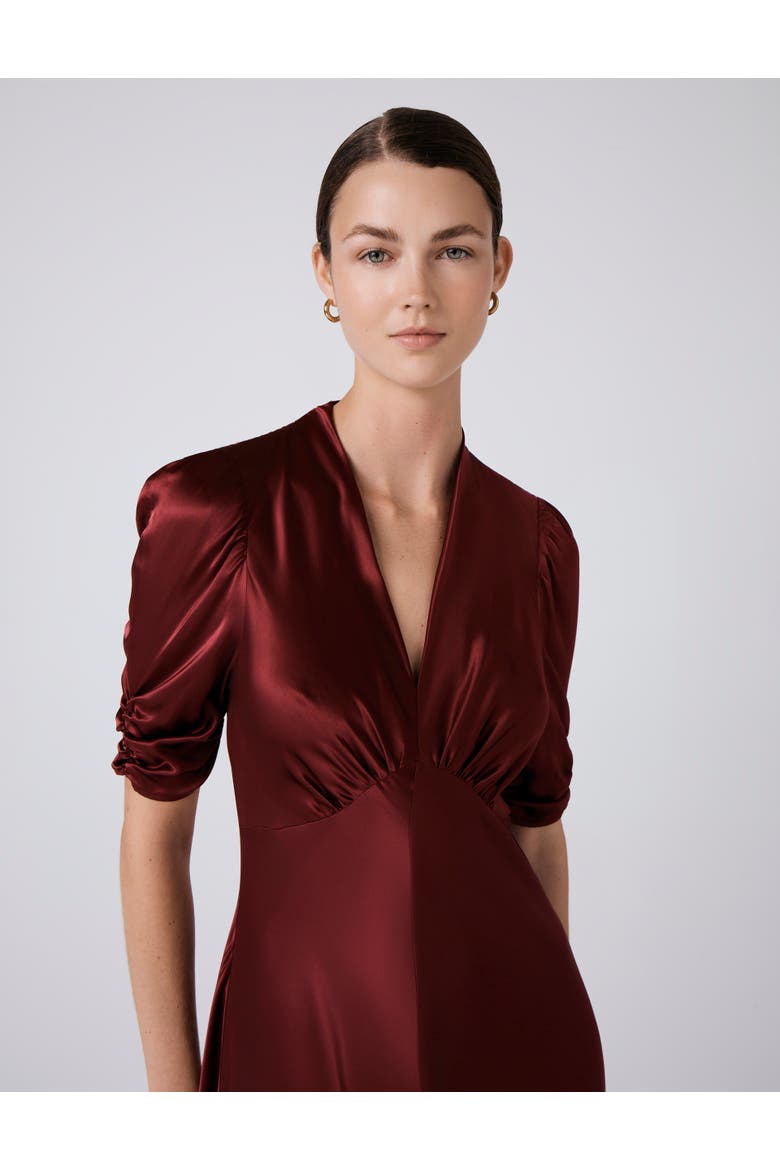 Mia Satin V Neck Midi Tea Dress, Alternate, color, Burgundy