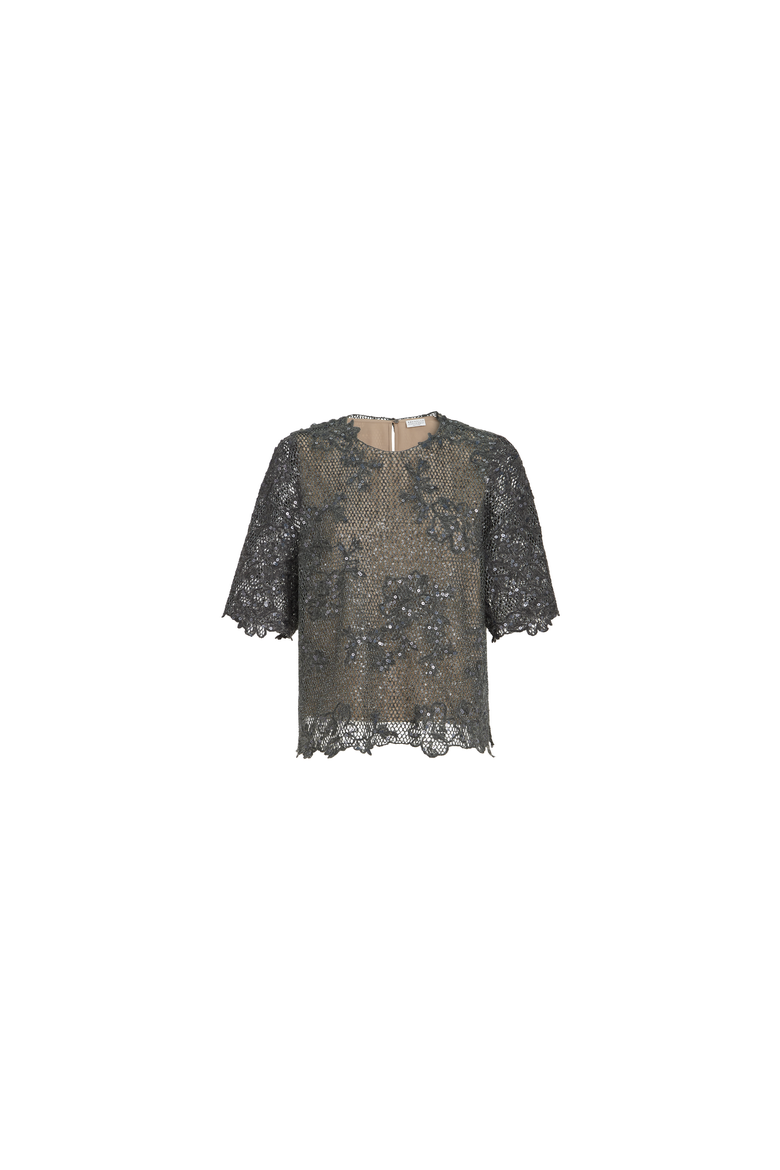 Dazzling lace embroidery t-shirt in sparkling mohair and wool, Alternate, color, Dark Grey