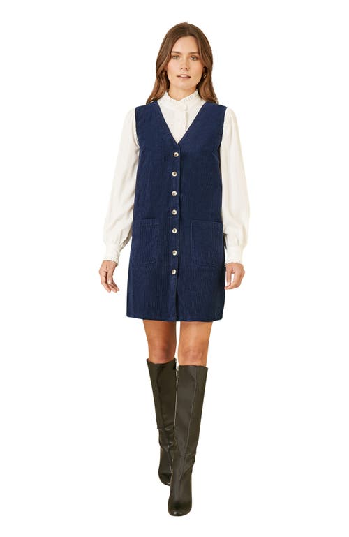 Yumi Cord Button Through Pinafore Dress In Blue