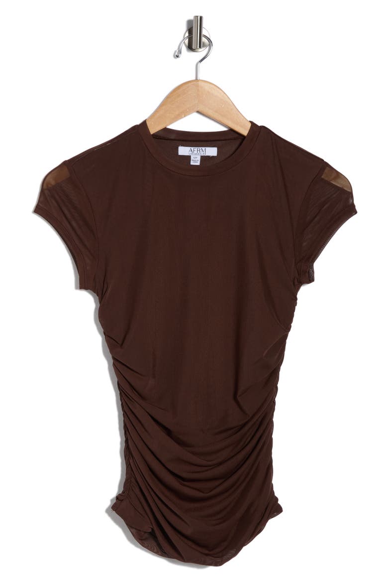 Lacey Cap Sleeve Ruched Mesh Top, Alternate, color, JAVA