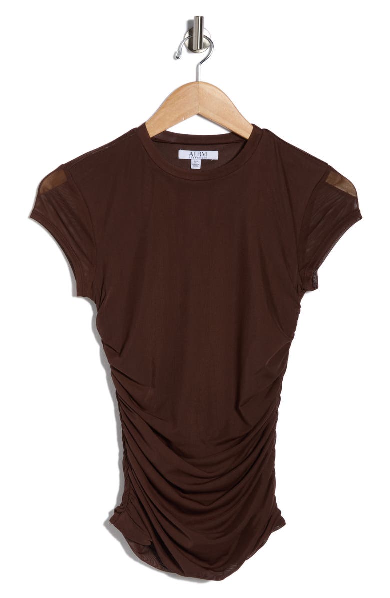 AFRM LOS ANGELES Lacey Cap Sleeve Ruched Mesh Top, Alternate, color, Java