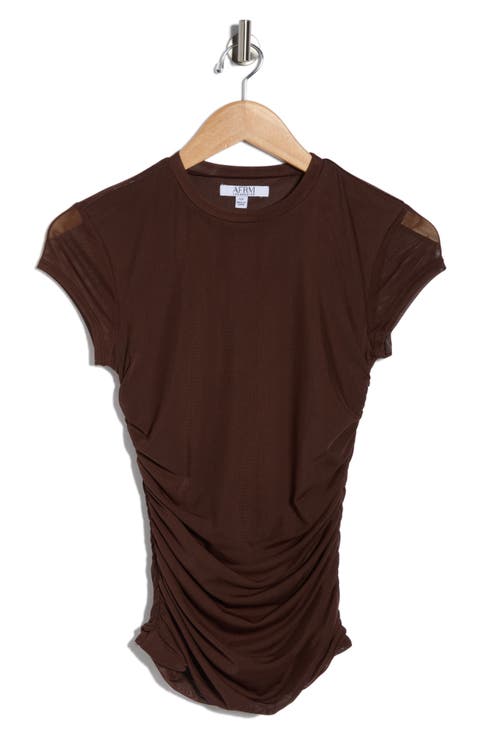 Lacey Cap Sleeve Ruched Mesh Top