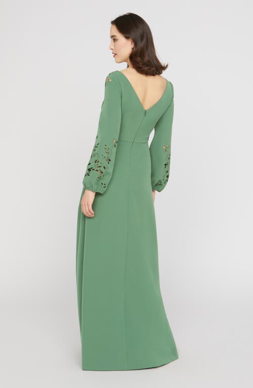 Kay Unger Valentina Embroidered Long Sleeve Gown In Green