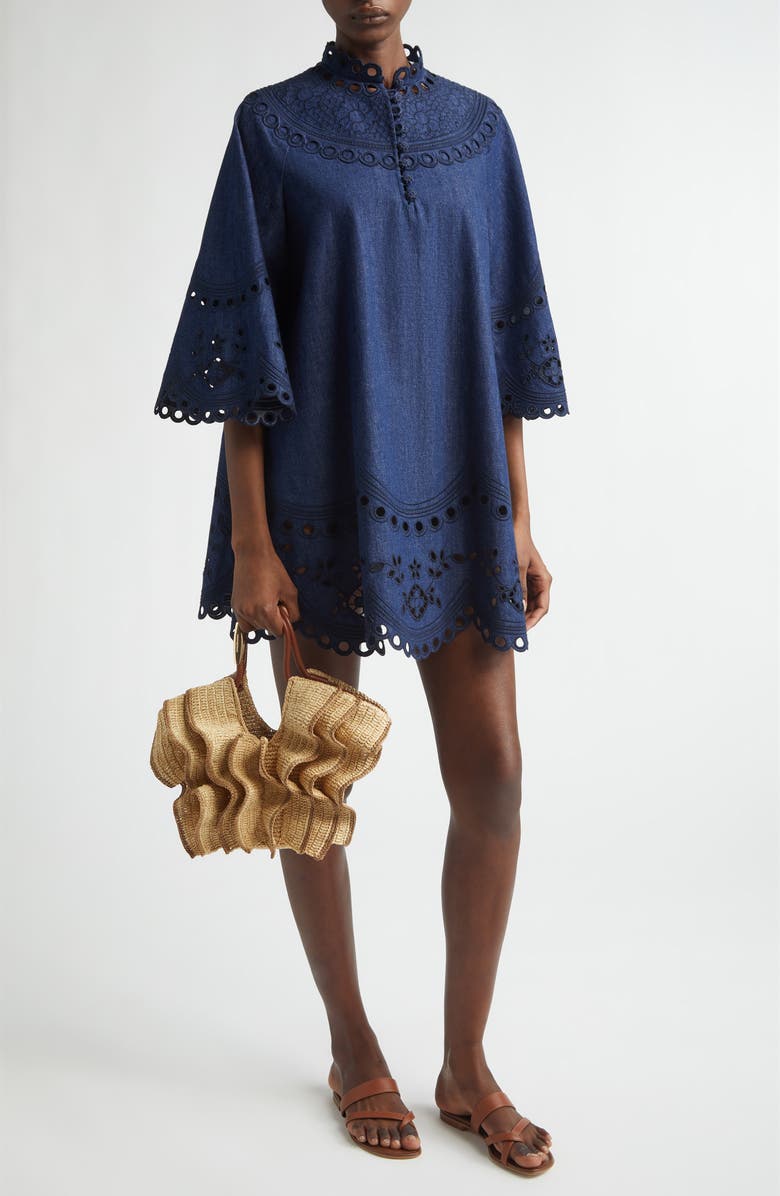 Zimmermann Mohan Broderie Anglaise Trim Denim Minidress, Alternate, color, Ink