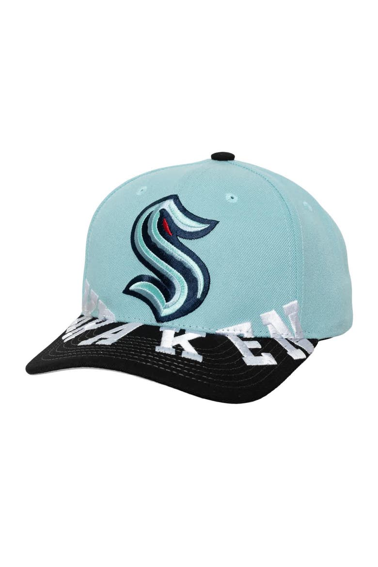 Men's Mitchell & Ness Light Blue/Black Seattle Kraken Underarch Two-Tone Pro Crown Snapback Hat, Main, color, Light Blue