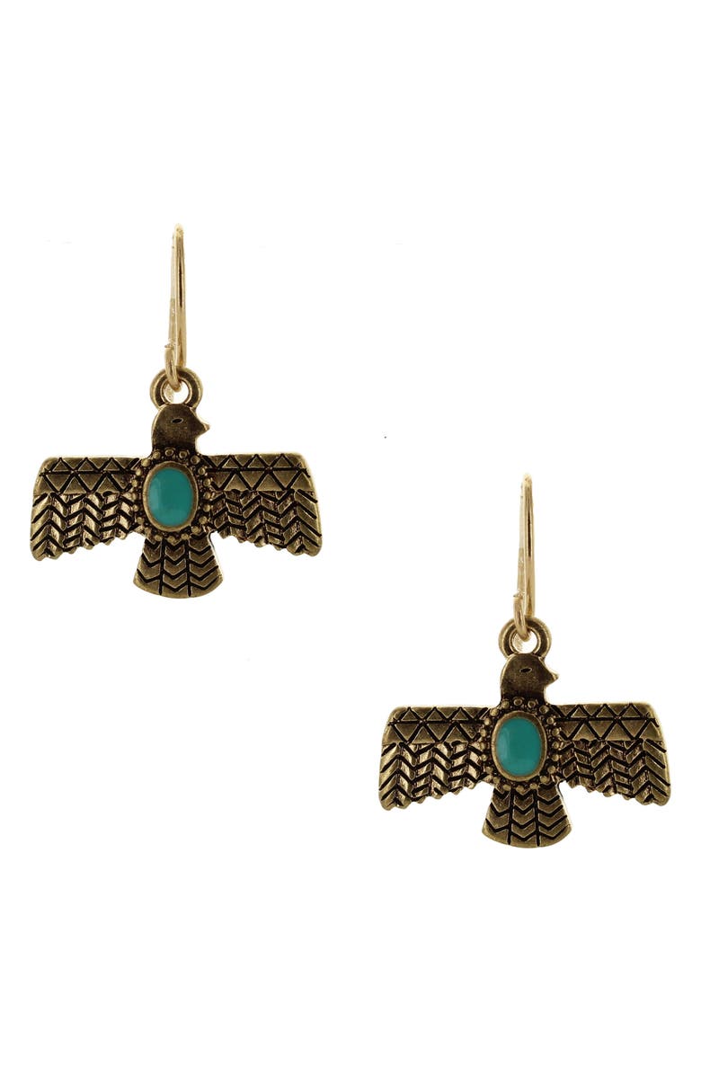 OLIVIA WELLES Emalee Thunderbird Drop Earrings, Main, color, Worn Gold / Turquoise