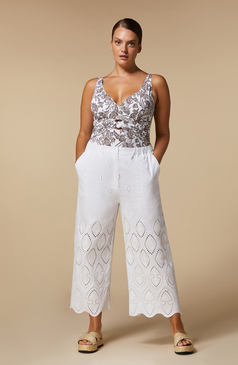 Marina Rinaldi Aggravi Embroidered Wide Leg Linen Pants, Alternate, color,