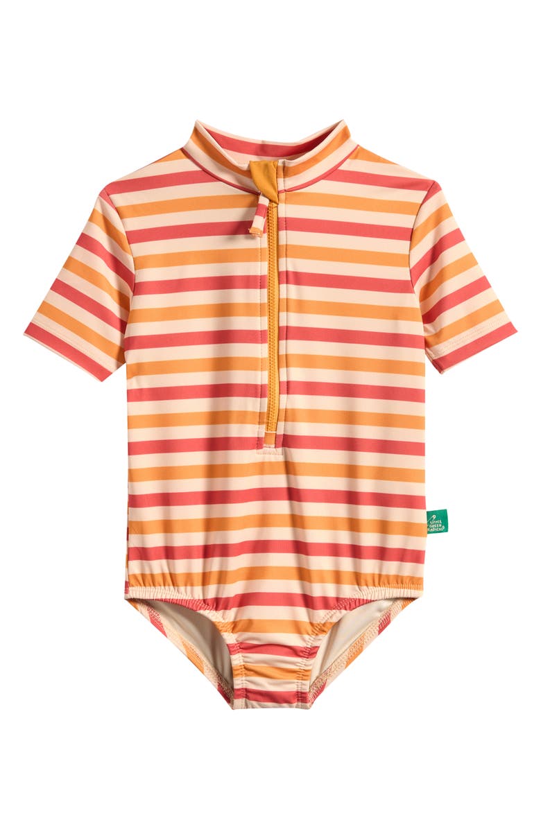 Little Green Radicals Kids' Stripe Sorbet UPF 50+ One-Piece Rashguard Swimsuit, Main, color, Orange Multi