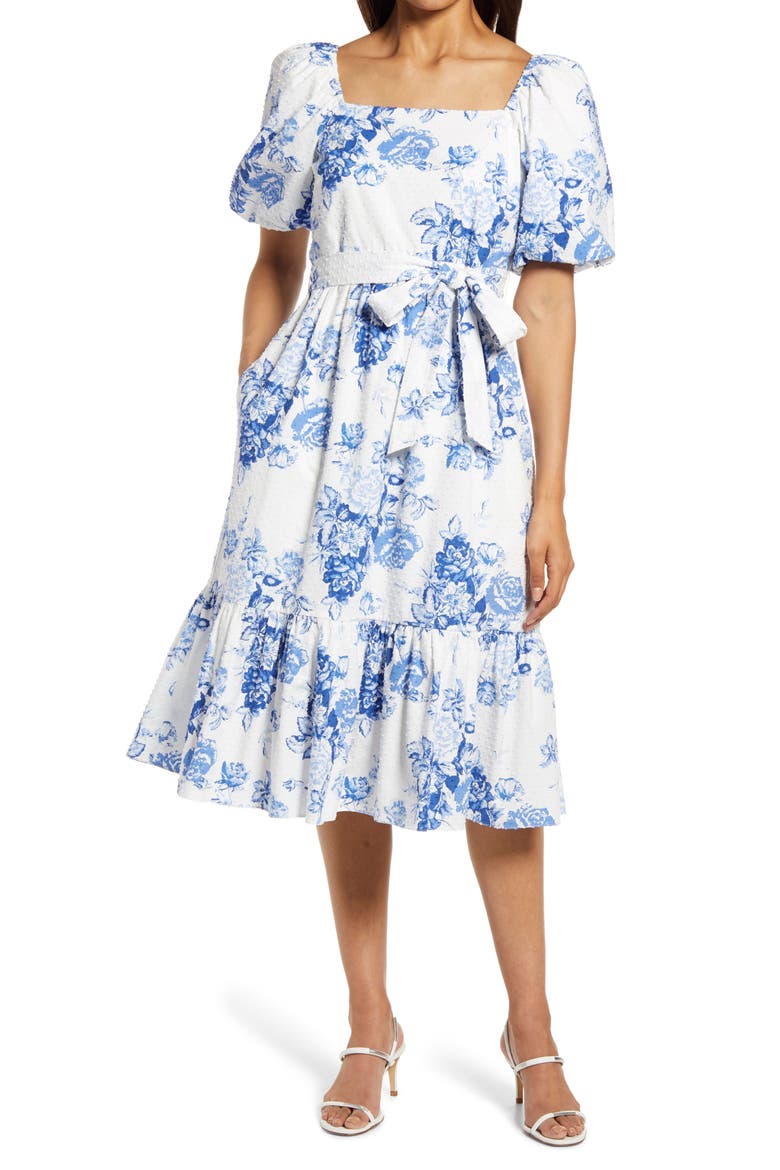 Toile Clip Dot Puff Sleeve Dress, Main, color, IVORY/ BLUE
