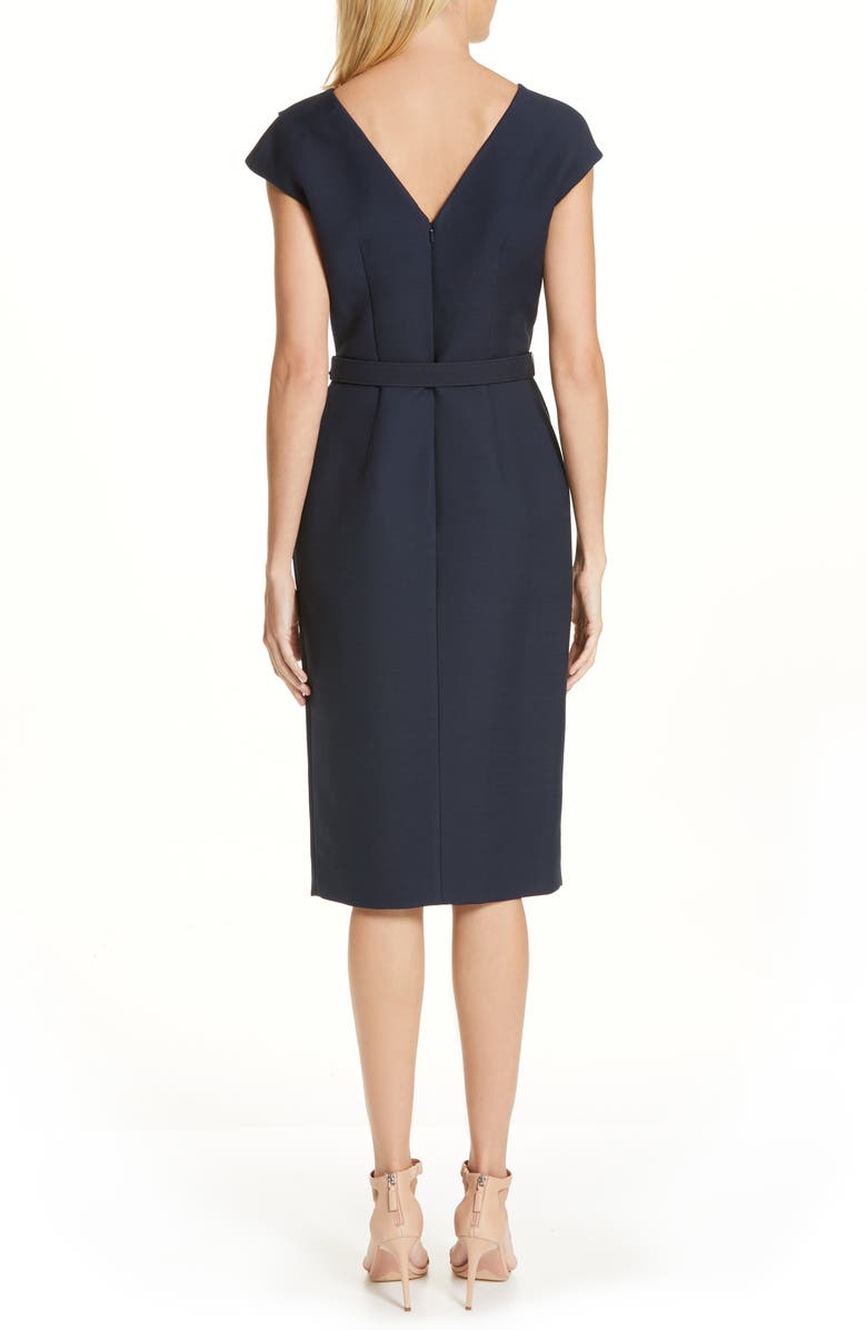 Oscar de la Renta Flower Brooch Belted Wool & Silk Midi Dress, Alternate, color,