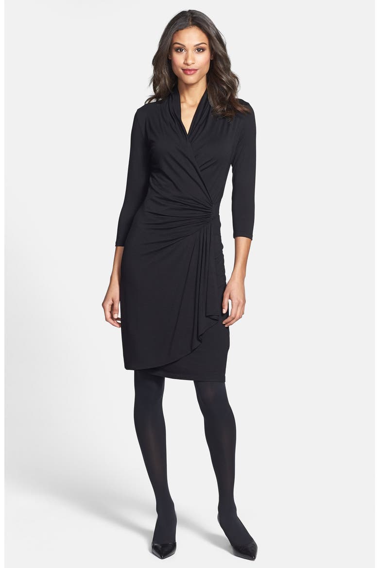 Cascade Faux Wrap Stretch Knit Dress, Alternate, color, BLACK