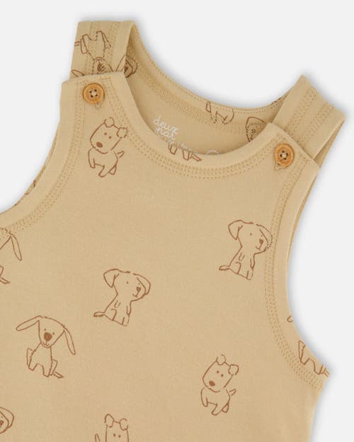Deux Par Deux Organic Cotton Allover With Overalls Set Dogs In Nude