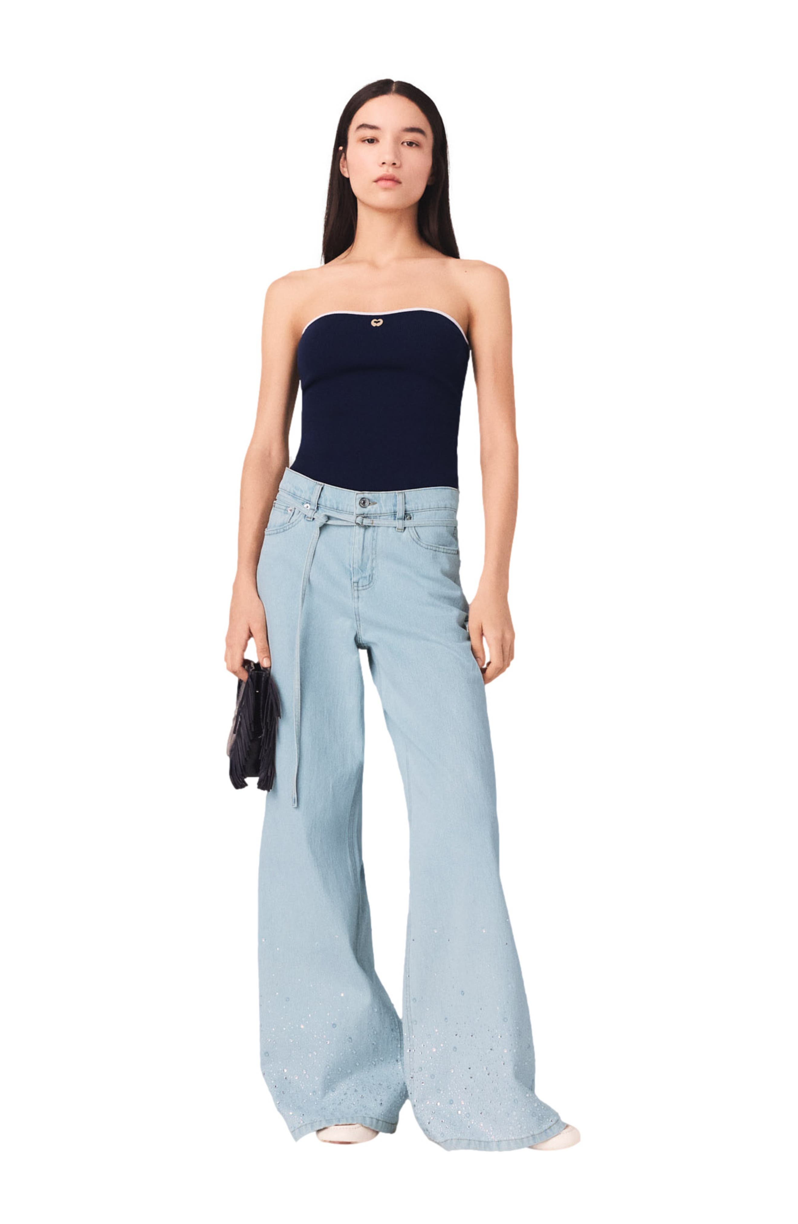Wide-leg rhinestone jeans