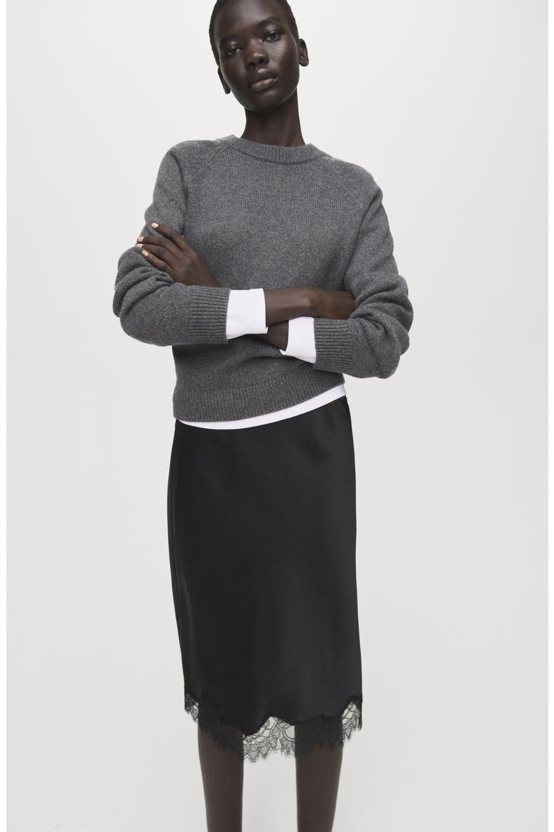 Lace Trim Satin Midi Skirt, Alternate, color, BLACK