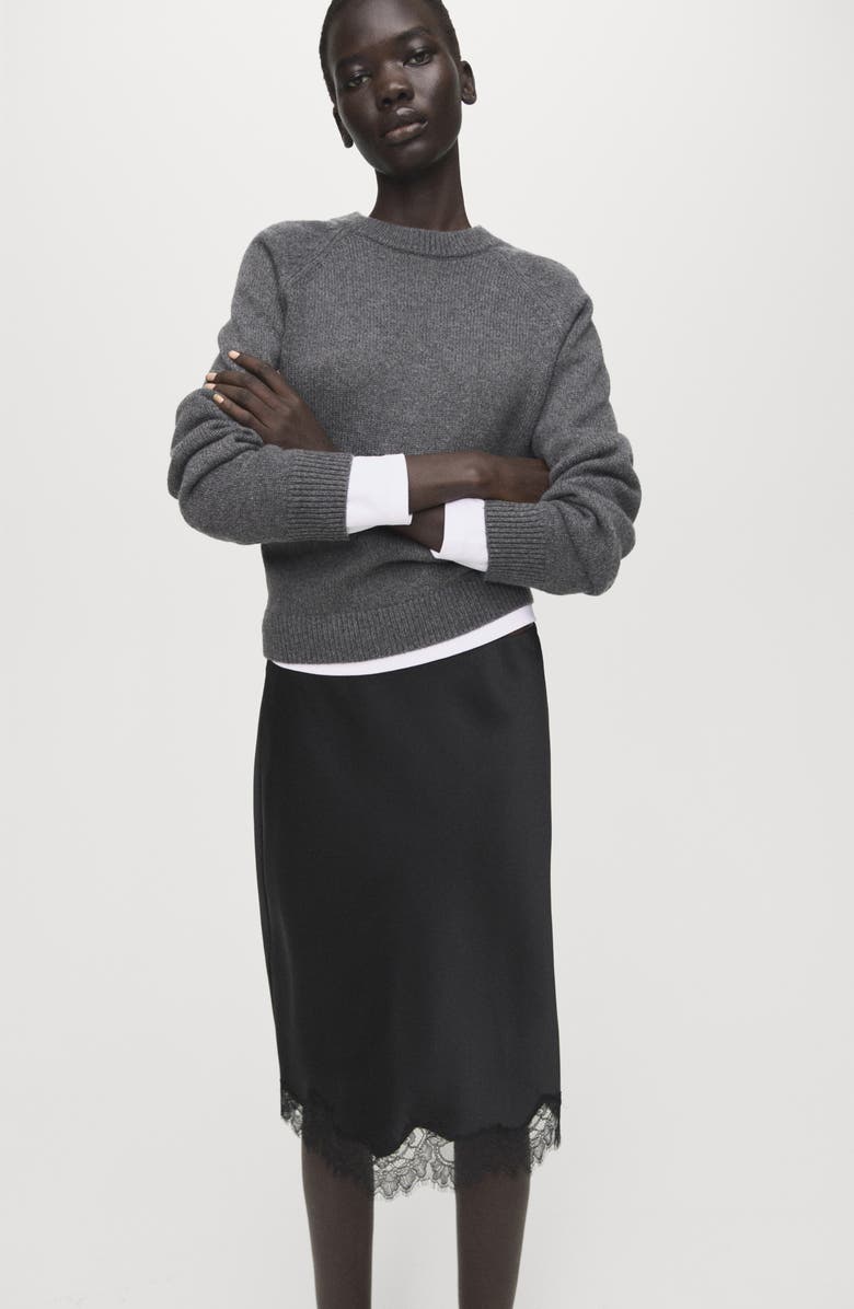 MANGO Lace Trim Satin Midi Skirt, Alternate, color, 