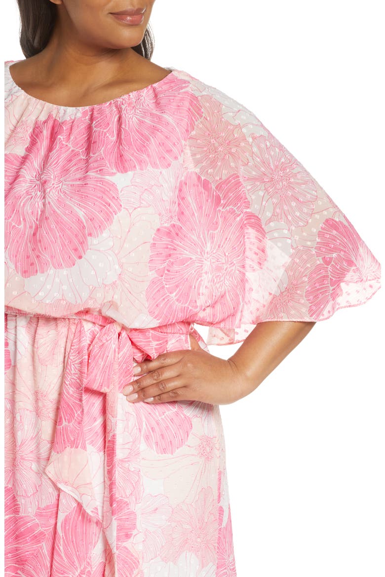 Floral Flutter Sleeve Clip Dot Chiffon Blouson Dress, Alternate, color, HOT PINK/ IVORY